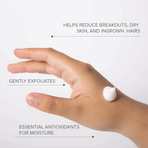 Close-up of a hand with Priori Hand and Body Replenisher cream applied, with key product benefits displayed.