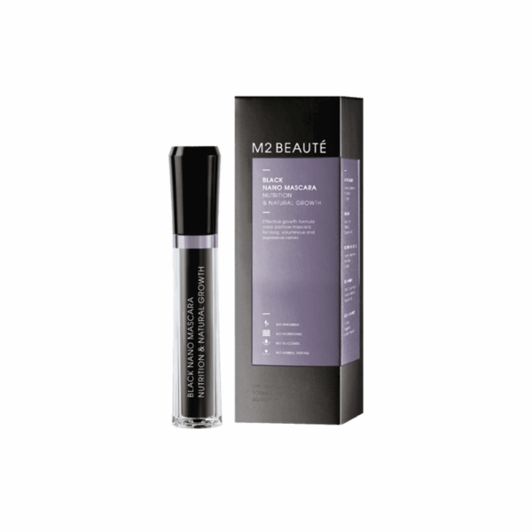 M2 Beauté Black Nano Mascara 10ml tube designed to lengthen, volumize, and define lashes for a dramatic look.