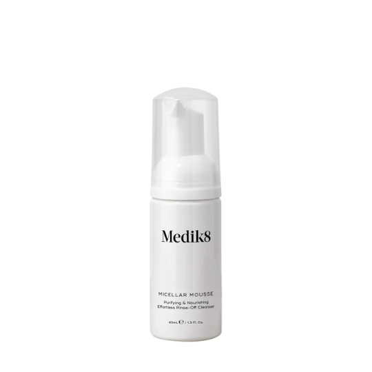 Medik8 Micellar Mousse 40ml in a sleek bottle, designed for gentle cleansing and removing impurities from the skin.