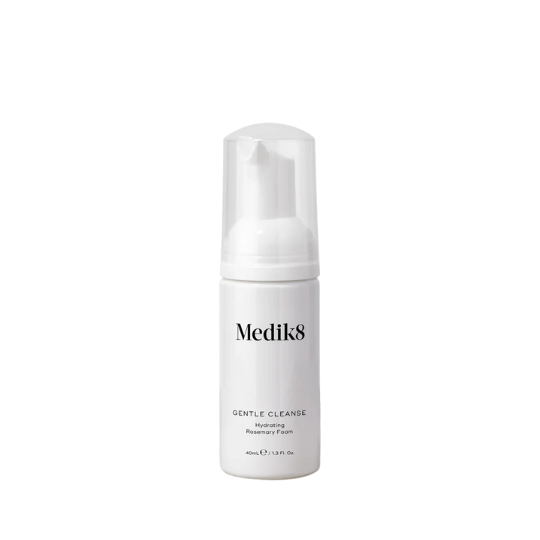 Medik8 Gentle Cleanse 40ml clear foaming cleanser in a white tube with silver cap, designed for gentle daily skin cleansing.