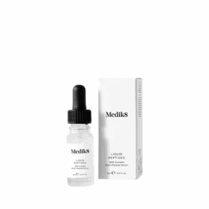 Clear bottle of Medik8 Liquid Peptides Serum 8ml with dropper, designed to target fine lines and improve skin hydration.