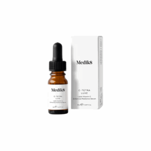 Medik8 C-Tetra Luxe 8ml in a small amber glass bottle with a dropper, containing vitamin C serum for brightening and revitalising the skin.