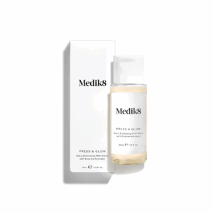 Medik8 Press And Glow Refill 30ml in its packaging, showing the lightweight, radiance-boosting serum designed to hydrate and brighten the skin.