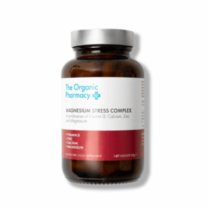 The Organic Pharmacy Magnesium Stress Complex supplement bottle containing 60 capsules, designed to reduce stress and support relaxation.