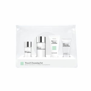 Bioeffect Travel Cleansing Set featuring three skincare essentials in travel-sized bottles, including a gentle cleanser, toner, and moisturizer, perfect for on-the-go skincare.