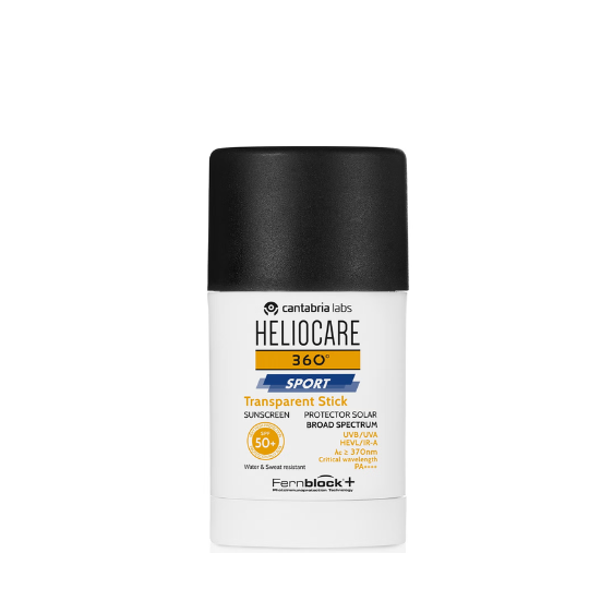 Transparent sunscreen stick Heliocare 360 Sport SPF50+ in portable twist-up tube for quick face and body sun protection.