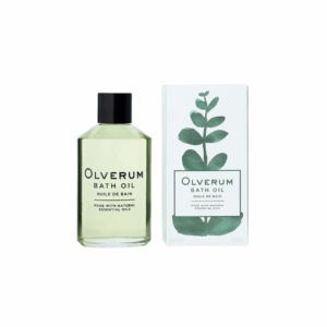 Glass bottle of Olverum Bath Oil 250ml with minimalist design, featuring green-tinted oil and a sleek black cap, photographed against a clean white background.