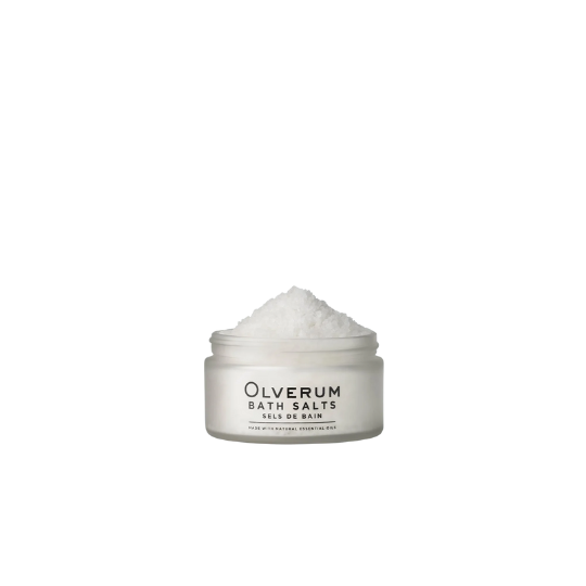 Olverum Bath Salts 200g in a clear jar with minimalist packaging.
