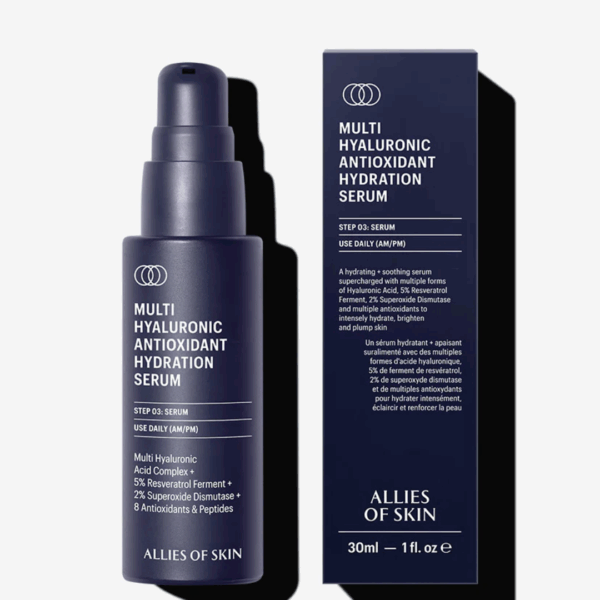 Allies of Skin Multi Hyaluronic Antioxidant Hydration Serum 30ml bottle next to matching packaging box