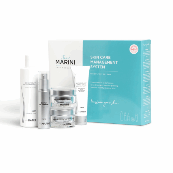 Jan Marini 5 Step Skin Care System for Dry Skin 237ml jars displayed next to outer packaging box