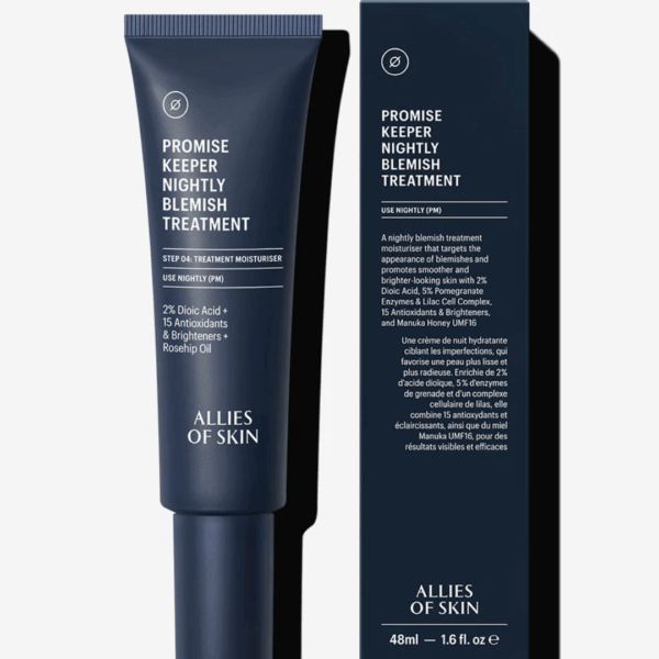 Allies of Skin Promise Keeper Nightly Blemish Treatment 48ml next to dark blue packaging box