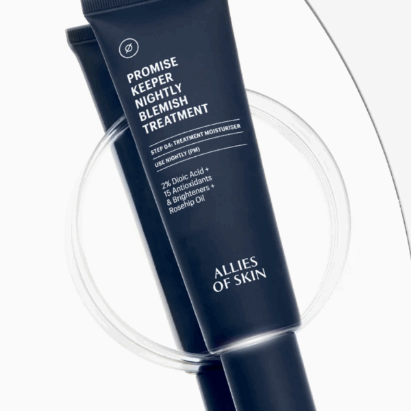 Allies of Skin Promise Keeper Nightly Blemish Treatment 48ml bottle artfully styled on clean white surface with soft shadows