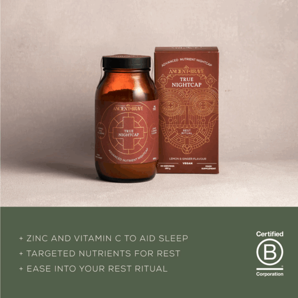 Ancient and Brave True Nightcap 180g jar with highlighted benefits for sleep, recovery, and overnight wellbeing