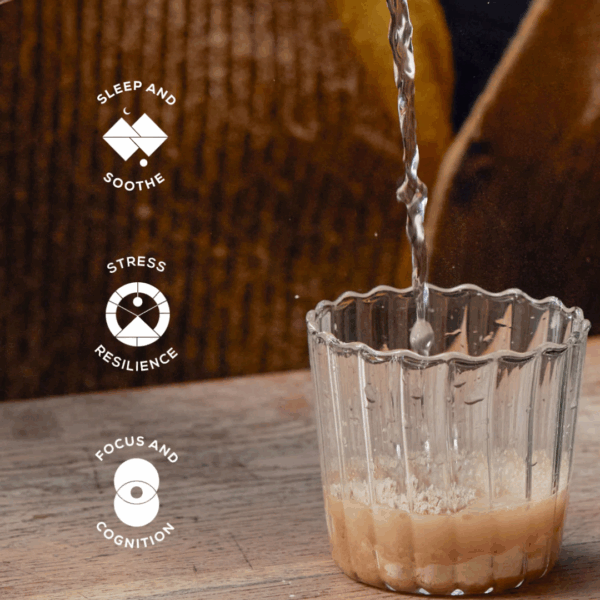 Ancient and Brave True Nightcap powder being mixed into a warm evening drink for restful sleep support