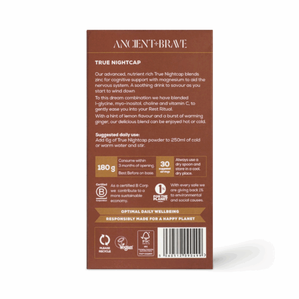 Backside of Ancient and Brave True Nightcap 180g packaging showing ingredients, nutrition facts, and usage instructions