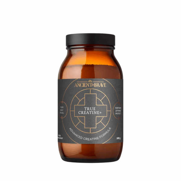 Ancient and Brave True Creatine Supplement 180g jar with clean minimalist label design