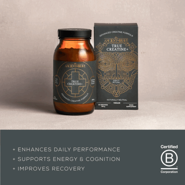 Ancient and Brave True Creatine 180g jar with highlighted benefits for strength, energy, and muscle performance