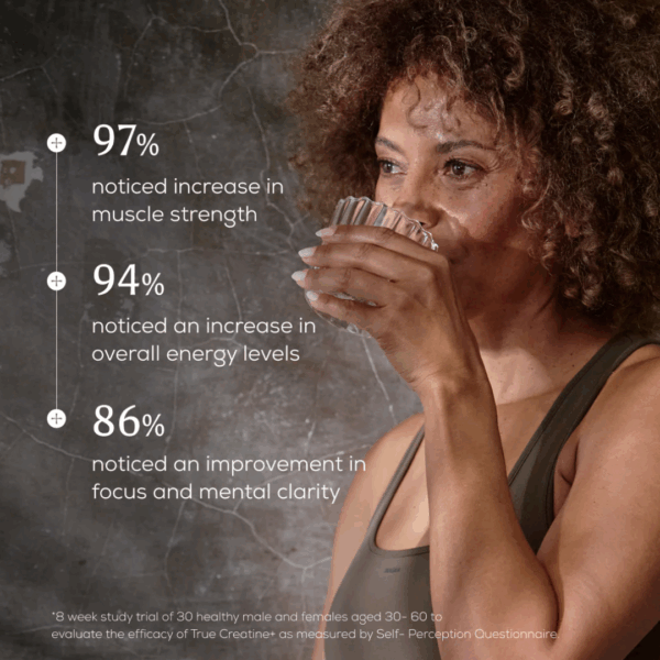 Woman drinking creatine-infused beverage made with Ancient and Brave True Creatine, with key benefits highlighted