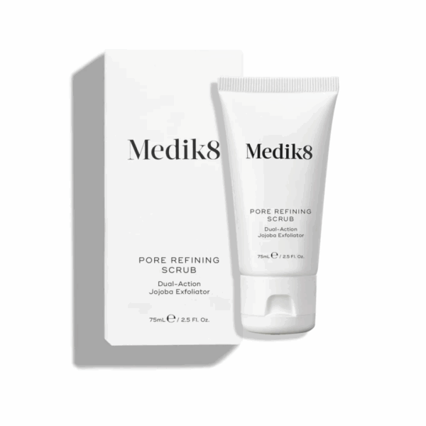 Medik8 Pore Refining Scrub 75ml tube with sleek white design for exfoliating and refining pores