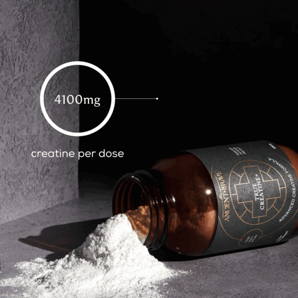 Ancient and Brave True Creatine 180g jar with text highlighting 4100mg creatine per serving