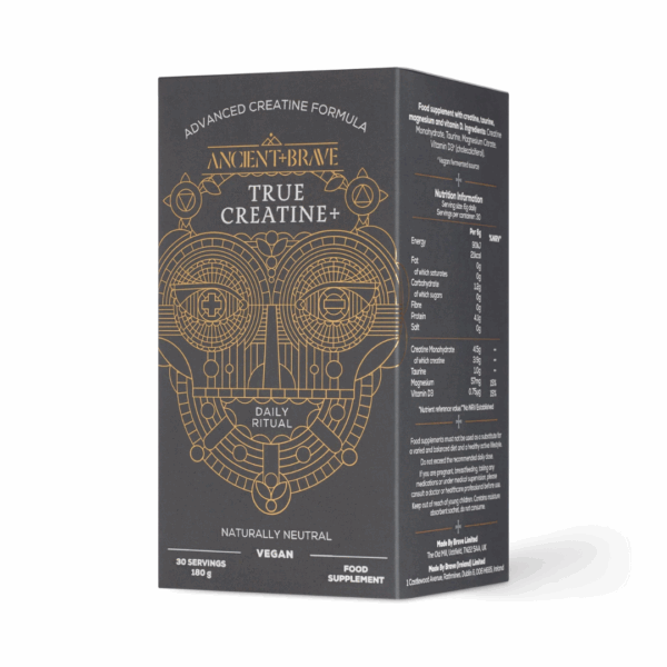 Ancient and Brave True Creatine 180g packaging box with product details and clean design