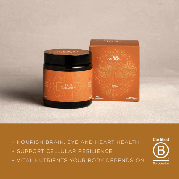 Ancient and Brave True Omegas+ 35g bottle with highlighted benefits for brain, heart, and skin health