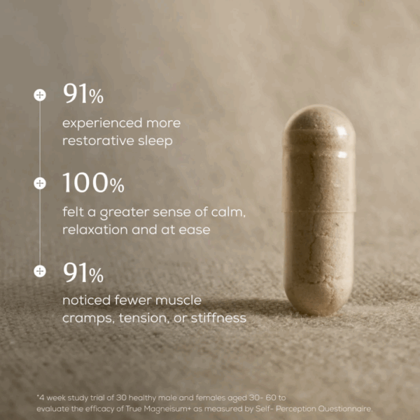 Close-up of Ancient and Brave True Magnesium capsule with highlighted benefits for relaxation, balance, and nervous system support