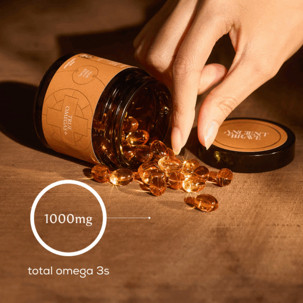 Aesthetic display of Ancient and Brave True Omegas+ capsules highlighting total omega 3s content