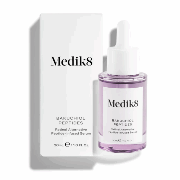 Medik8 Bakuchiol Peptides 30ml serum in purple-tinted dropper bottle, a gentle retinol alternative for sensitive skin