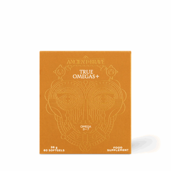 Ancient and Brave True Omegas+ 35g packaging box with product details and elegant minimalist design