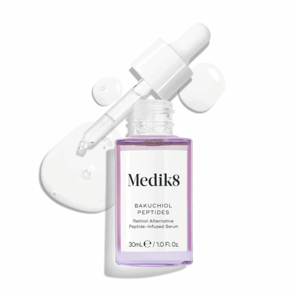 Medik8 Bakuchiol Peptides serum being dispensed from dropper applicator, showing lightweight texture for calming skin