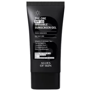Allies Of Skin The One SPF 50 Invisible Sunscreen Gel 50ml with sleek, minimal packaging designed for high sun protection and daily wear