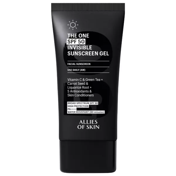 Allies Of Skin The One SPF 50 Invisible Sunscreen Gel 50ml with sleek, minimal packaging designed for high sun protection and daily wear