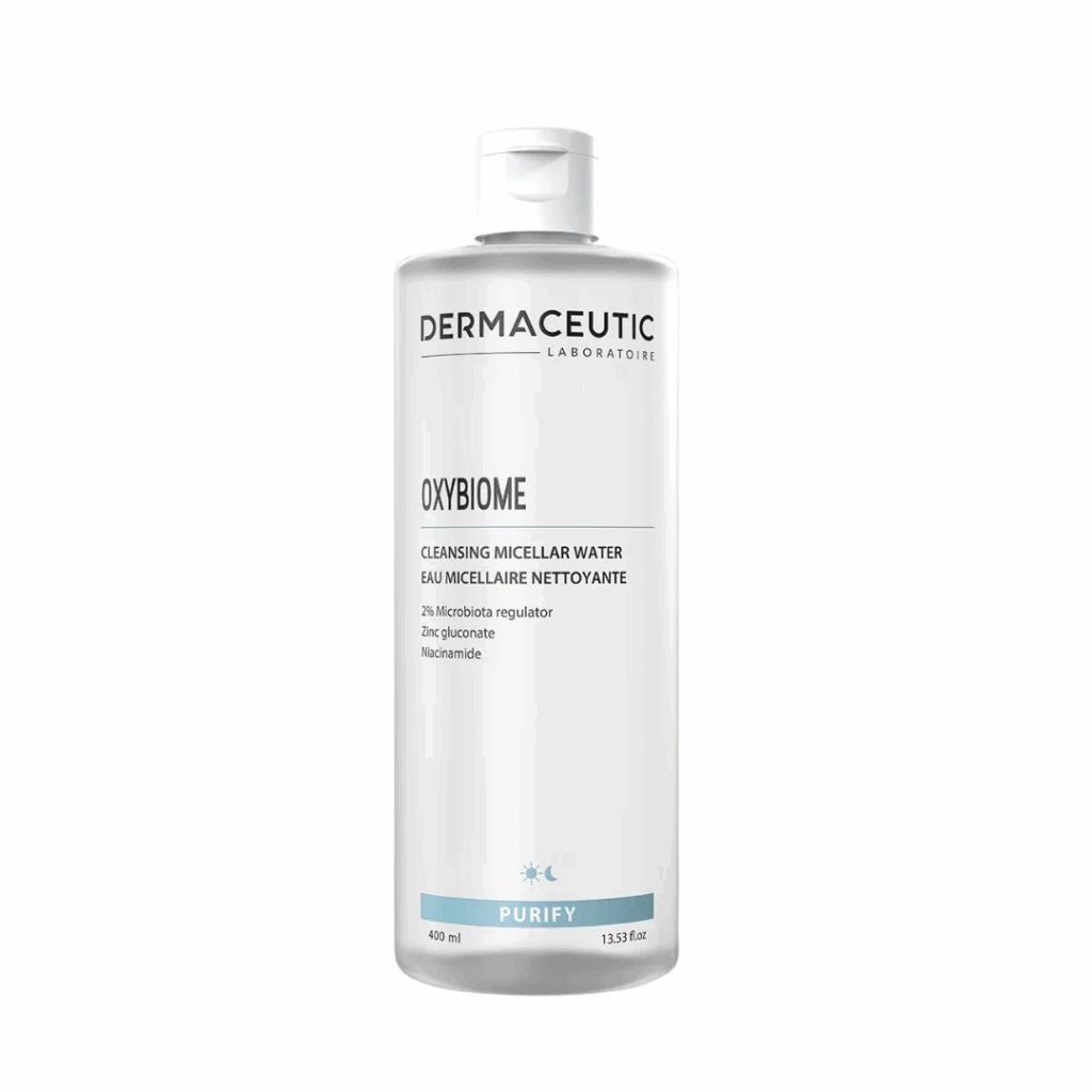 Dermaceutic Oxybiome Micellar Water 400ml clear bottle with gentle cleansing formula designed to remove makeup and impurities while soothing the skin.