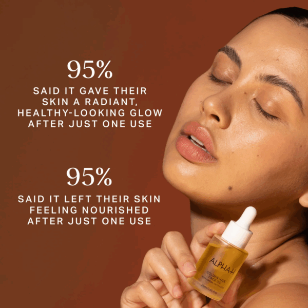 Alpha H Golden Haze Face Oil 25ml bottle shown in a product review setting, highlighting its nourishing and radiant skin benefits.