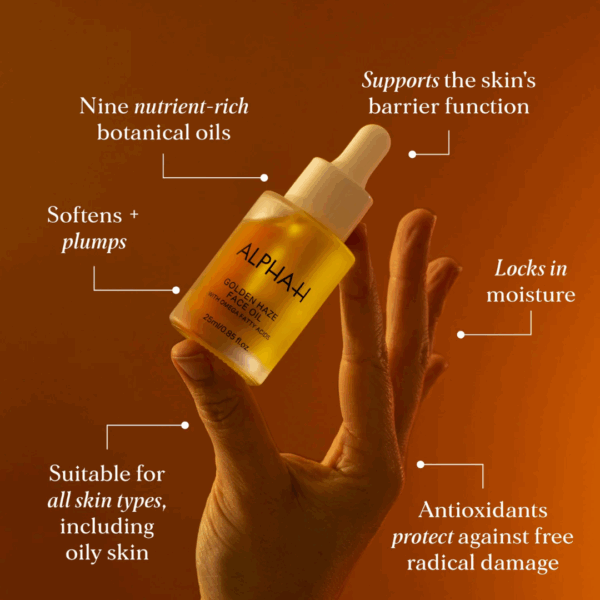 Alpha H Golden Haze Face Oil 25ml highlighting key benefits.