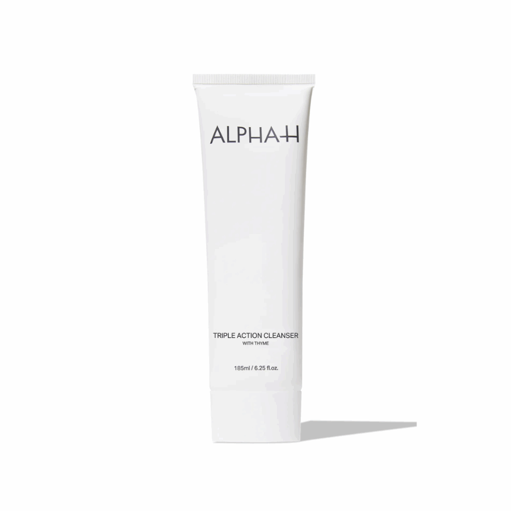 Alpha H Triple Action Cleanser 185ml bottle designed to gently cleanse, exfoliate, and brighten the skin.