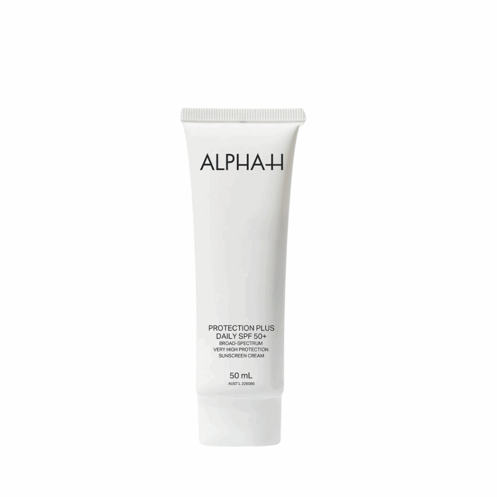 Alpha-H Protection Plus Daily SPF50+ tube designed to provide broad-spectrum sun protection and hydrate the skin.