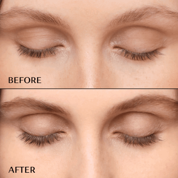 Before and after results of M2 Beauté Lashes Eyelash Activating Serum 4ml showing visibly longer, fuller and stronger eyelashes after consistent use.
