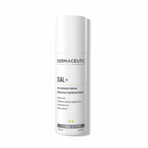 Dermaceutic Dual+ Anti-Blemish Serum 30ml bottle designed to target blemishes, regulate sebum, and reduce pigmentation for clearer skin.
