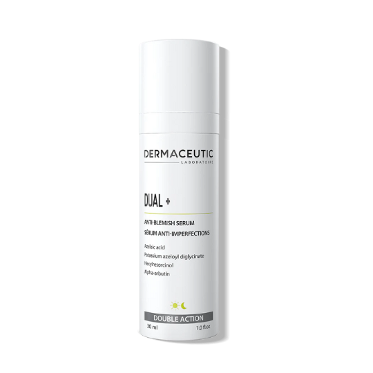 Dermaceutic Dual+ Anti-Blemish Serum 30ml bottle designed to target blemishes, regulate sebum, and reduce pigmentation for clearer skin.