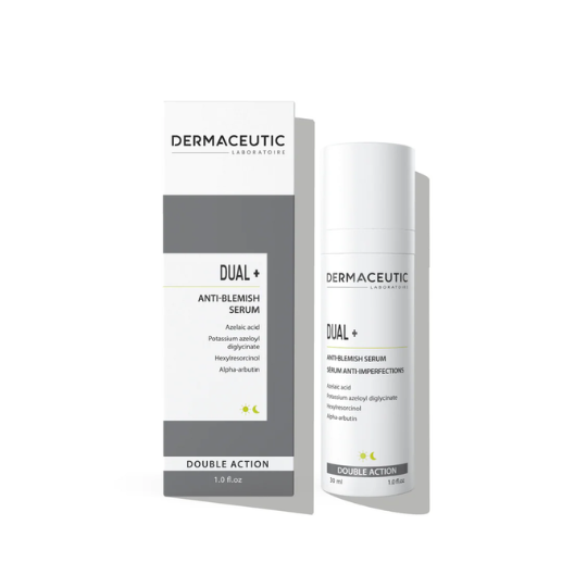 Dermaceutic Dual+ Anti-Blemish Serum 30ml with product and package, formulated to reduce blemishes, refine pores, and balance skin tone.