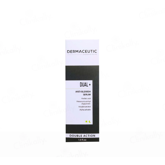 Dermaceutic Dual+ Anti-Blemish Serum 30ml package highlighting key ingredients.