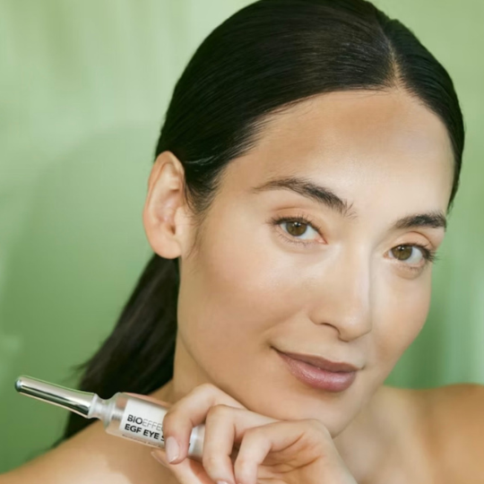 Woman holding Bioeffect Eye Serum with Refill 2x6ml near her face, showcasing its function to reduce puffiness, hydrate, and smooth fine lines around the eyes.
