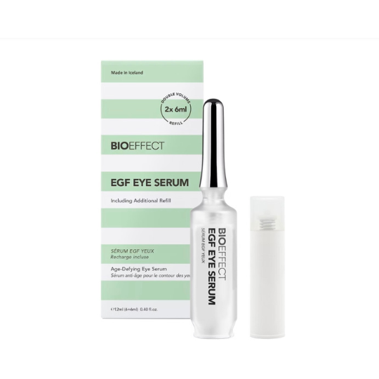 Bioeffect Eye Serum with Refill 2 x 6ml dual bottles designed to reduce puffiness, brighten dark circles, and smooth fine lines.