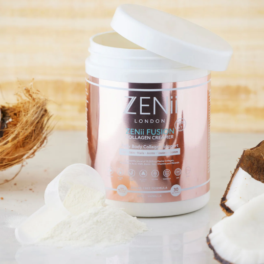 ZENii Fusion Collagen Creamer 2 Pack with powder sachets, formulated to support skin, hair, nails, and joint health.