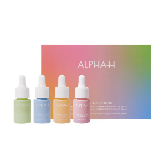 Alpha-H Vitamin Discovery Kit main image featuring 4 mini serums designed to target hydration, brightening, firming, and skin renewal.