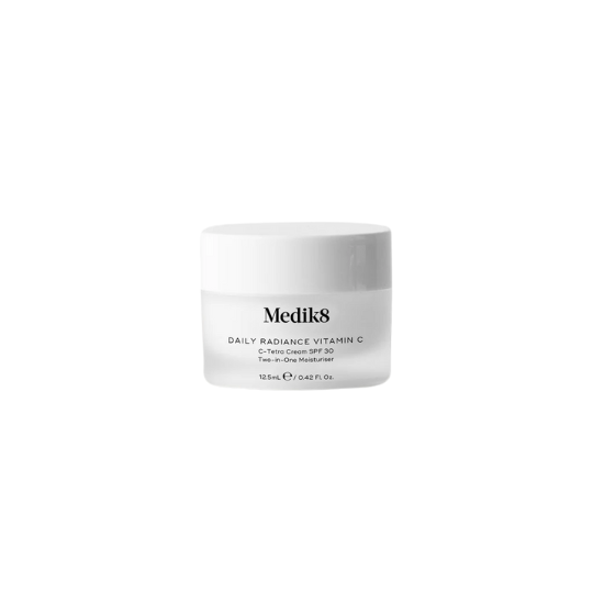 Medik8 Daily Radiance Vitamin C SPF30 12.5ml jar on a clean white background, showcasing the packaging and label clearly.