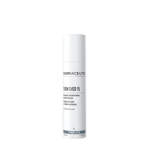 Dermaceutic Turn Over 15 night cream in a 30ml white pump bottle with grey details, designed for skin exfoliation and renewal.