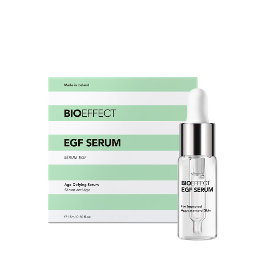 Clear glass bottle of Bioeffect EGF Serum 15ml with dropper cap, featuring minimalist white and green packaging.